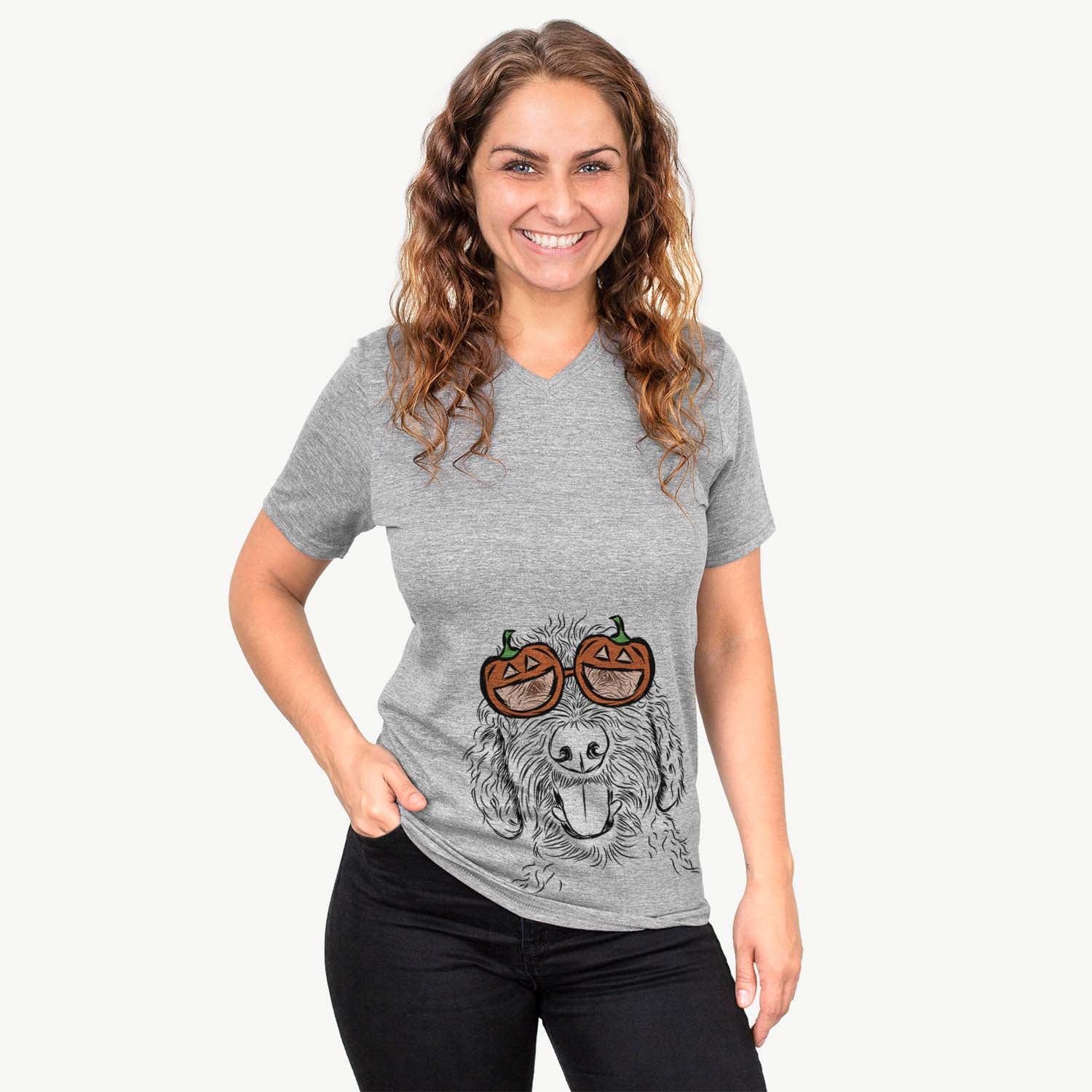 Hand-drawn sketch of Dixie the Doodle wearing pumpkin glasses on a Grey pumpkin collection