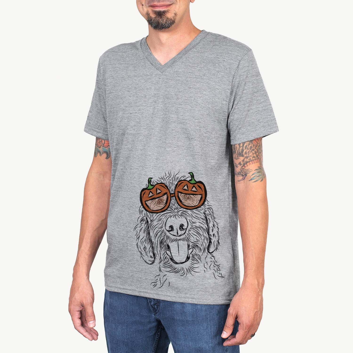 Hand-drawn sketch of Dixie the Doodle wearing pumpkin glasses on a Grey pumpkin collection