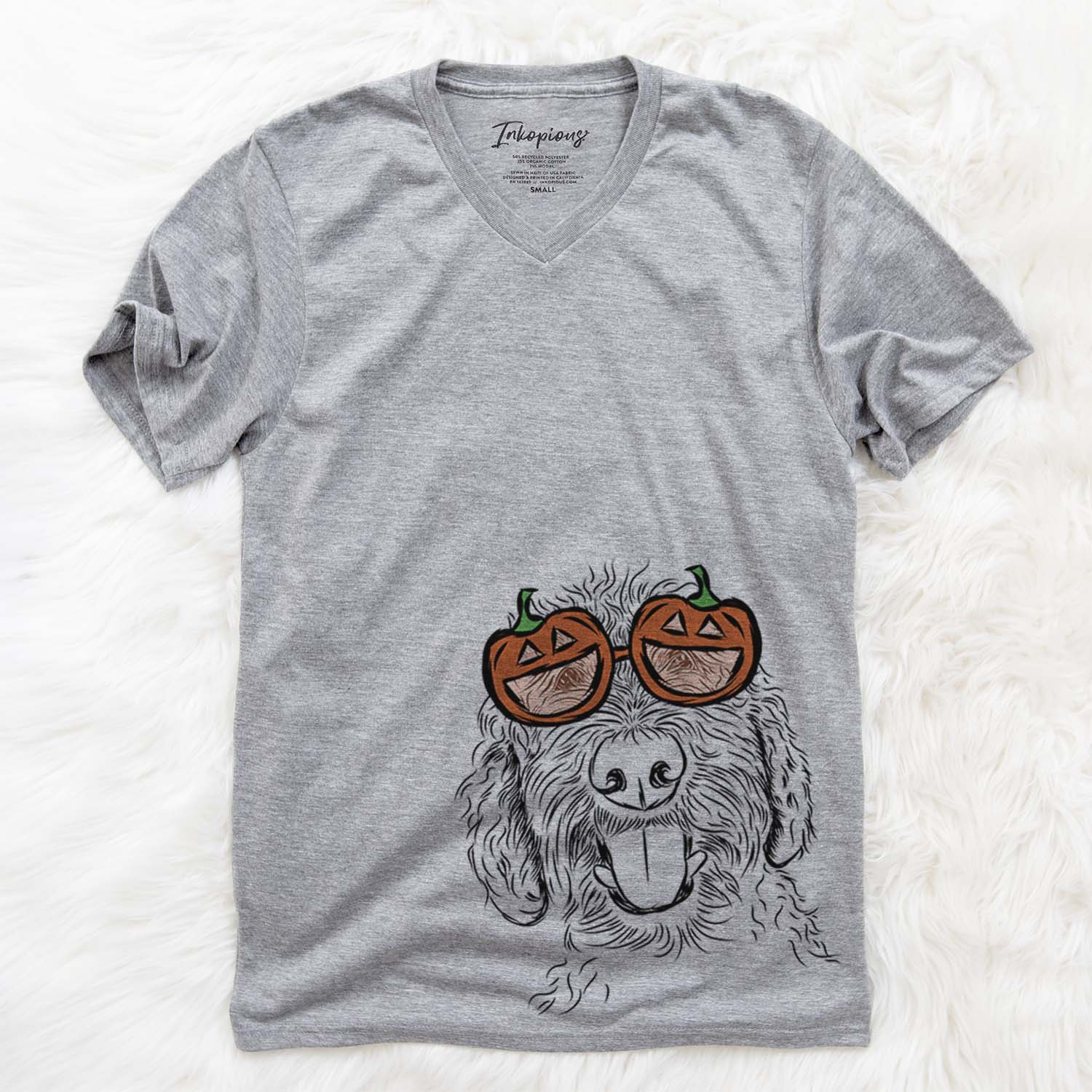 Hand-drawn sketch of Dixie the Doodle wearing pumpkin glasses on a Grey pumpkin collection