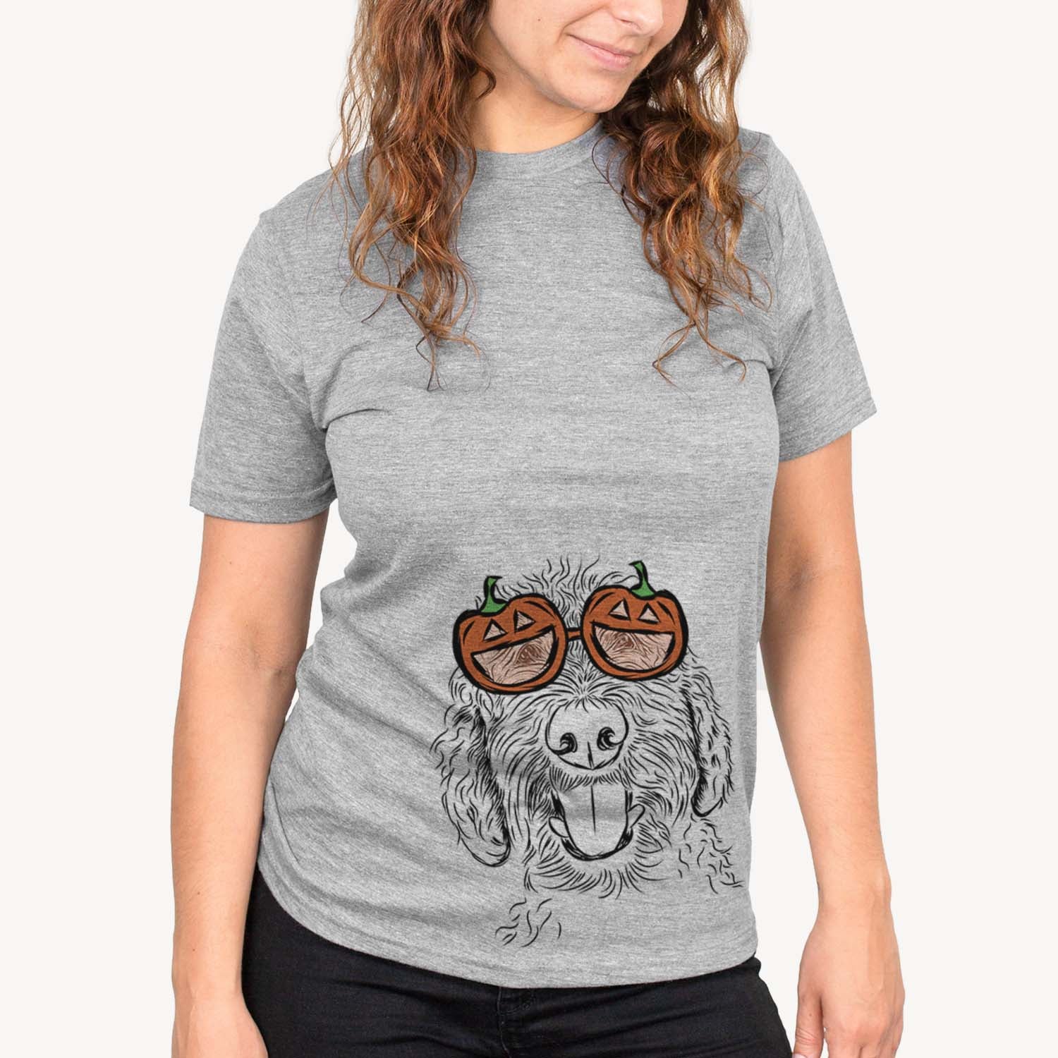Hand-drawn sketch of Dixie the Doodle wearing pumpkin glasses on a Grey pumpkin collection, on a hanger