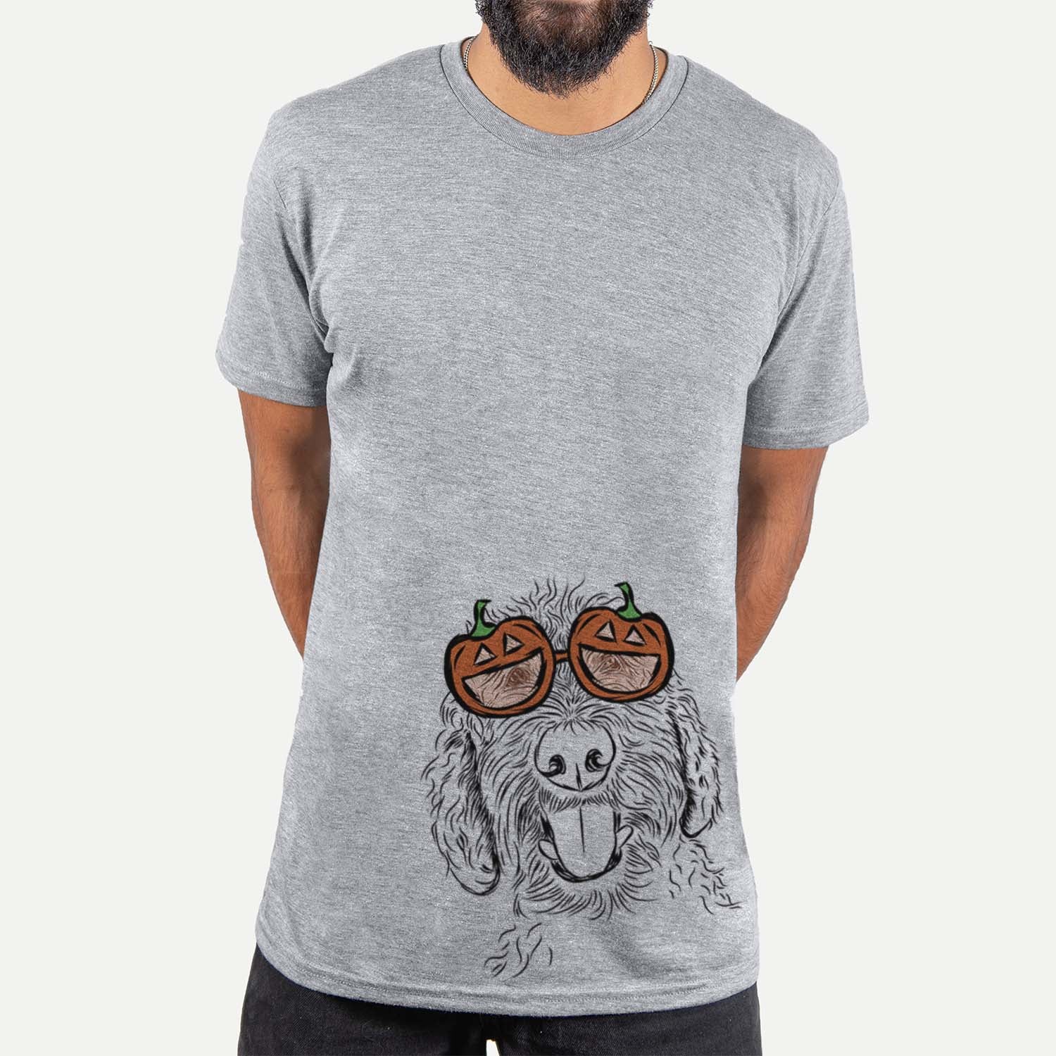 Hand-drawn sketch of Dixie the Doodle wearing pumpkin glasses on a Grey pumpkin collection, hanging on a wall
