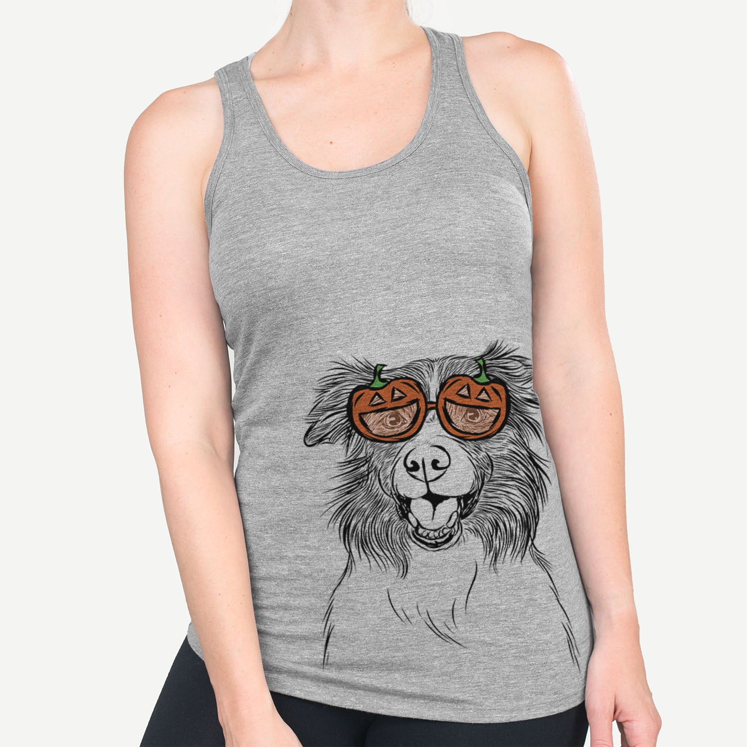 Hand-drawn sketch of Dizzy the Border Collie wearing pumpkin glasses on a Grey pumpkin collection