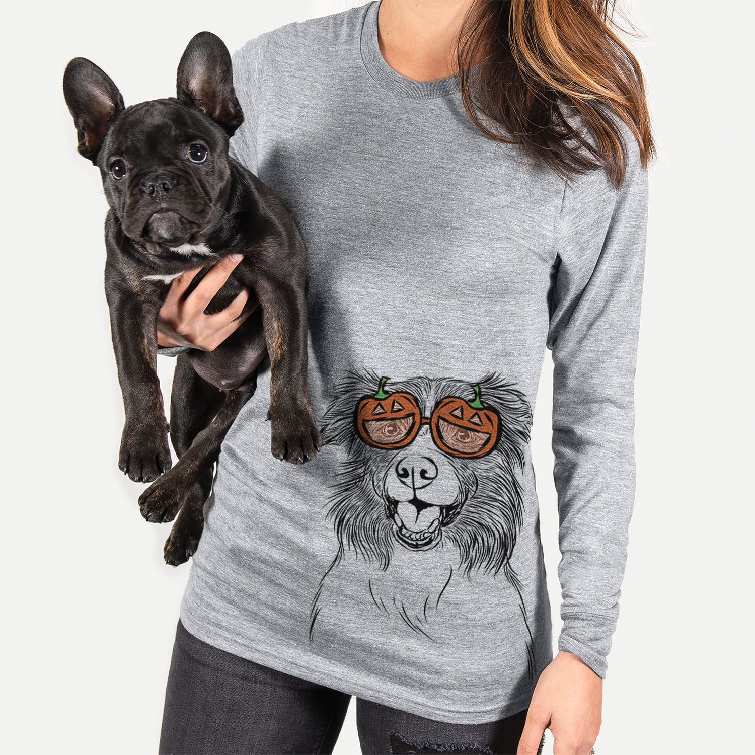 Hand-drawn sketch of Dizzy the Border Collie wearing pumpkin glasses on a Grey pumpkin collection
