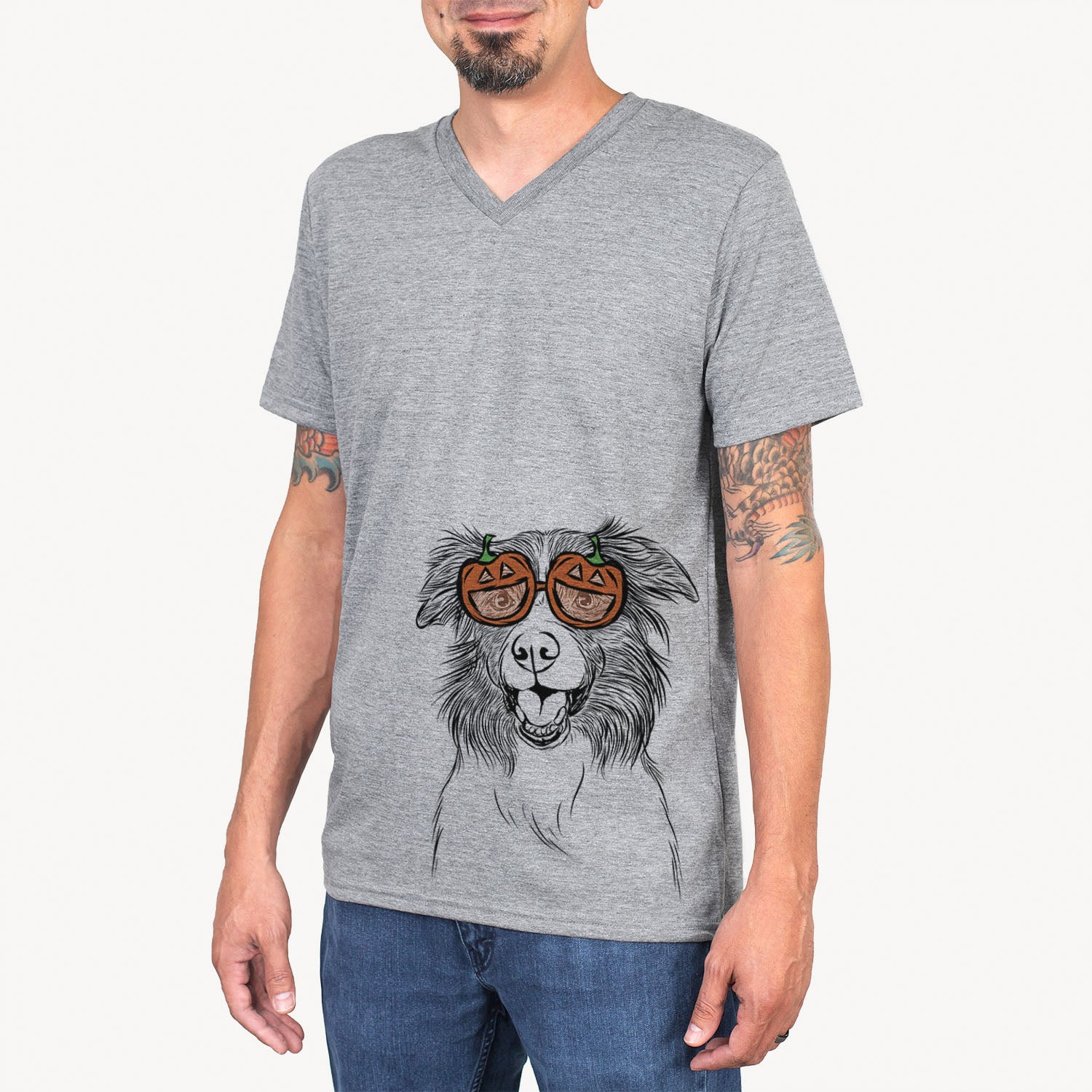 Hand-drawn sketch of Dizzy the Border Collie wearing pumpkin glasses on a Grey pumpkin collection