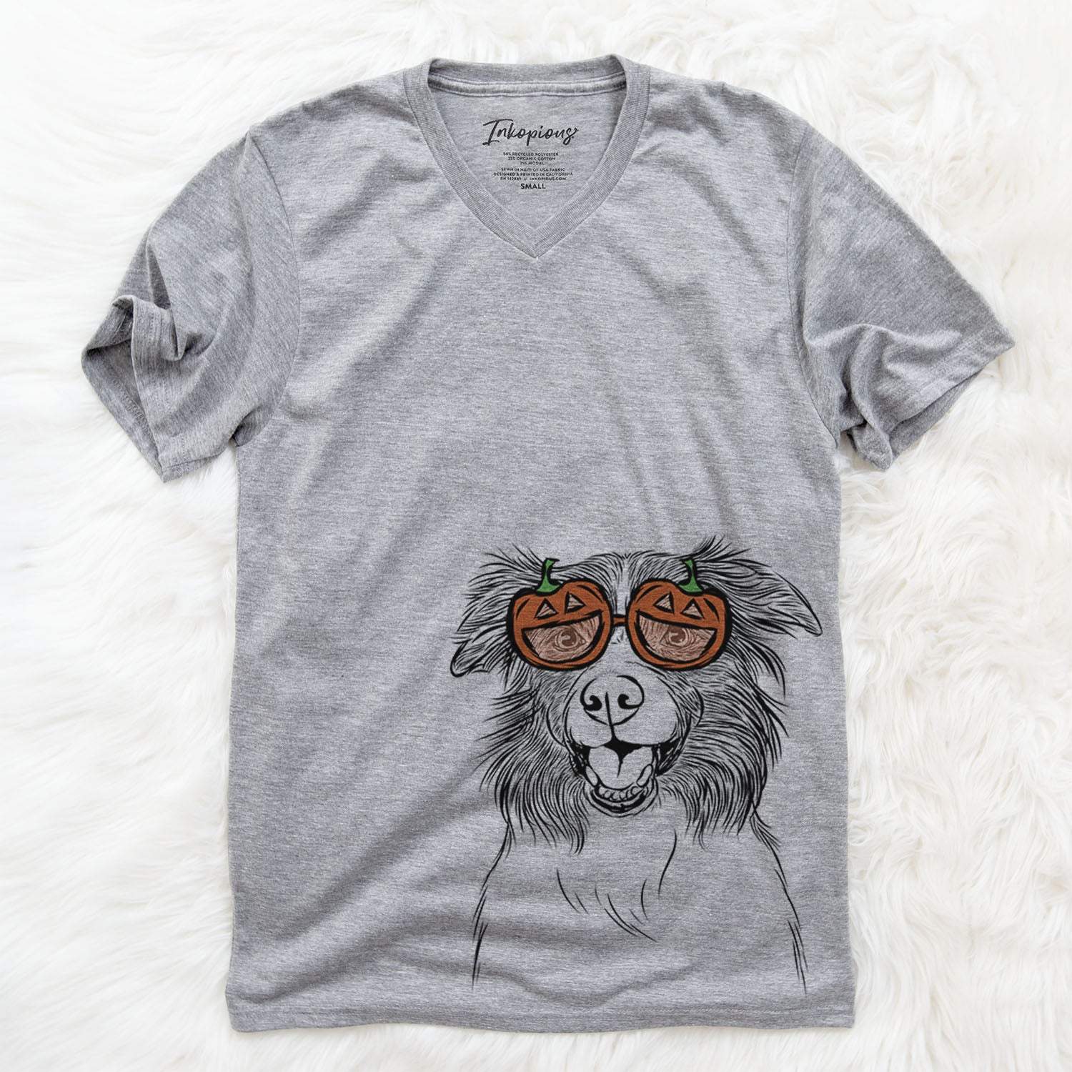 Hand-drawn sketch of Dizzy the Border Collie wearing pumpkin glasses on a Grey pumpkin collection