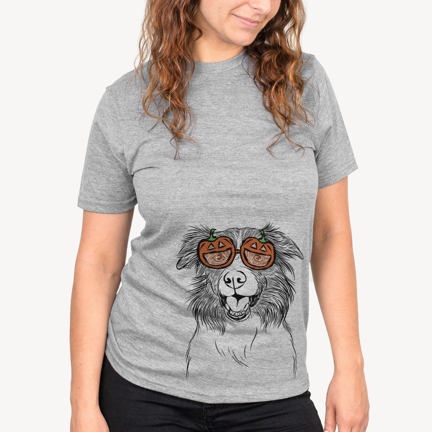 Hand-drawn sketch of Dizzy the Border Collie wearing pumpkin glasses on a Grey pumpkin collection, on a hanger