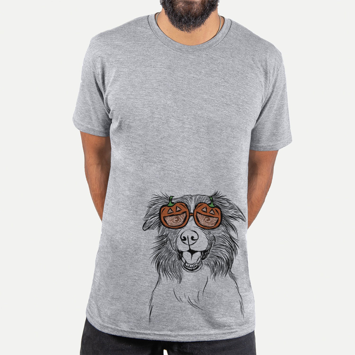Hand-drawn sketch of Dizzy the Border Collie wearing pumpkin glasses on a Grey pumpkin collection, hanging on a wall
