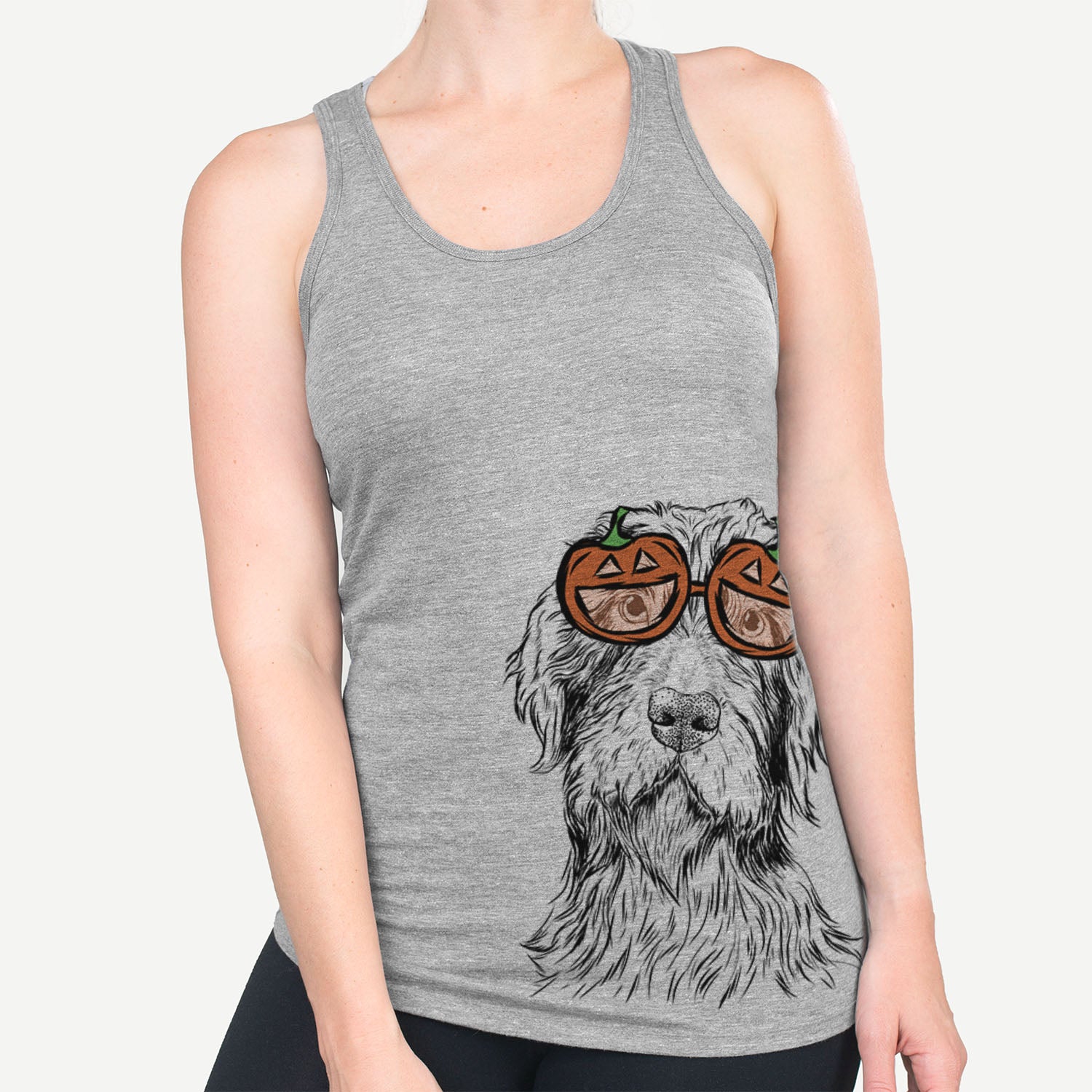 Hand-drawn sketch of Doc Holliday the Pudelpointer wearing pumpkin glasses on a Grey pumpkin collection