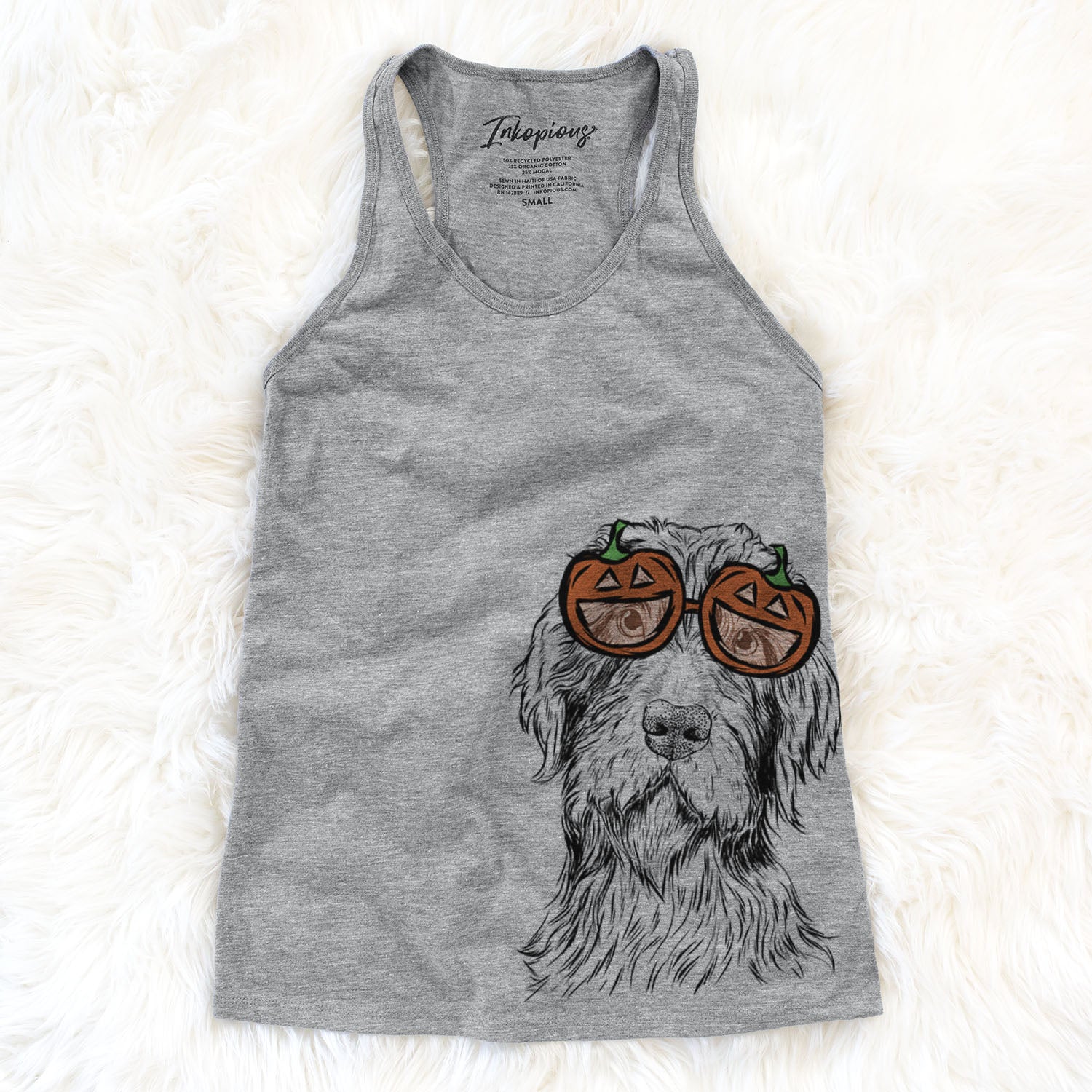 Hand-drawn sketch of Doc Holliday the Pudelpointer wearing pumpkin glasses on a Grey pumpkin collection