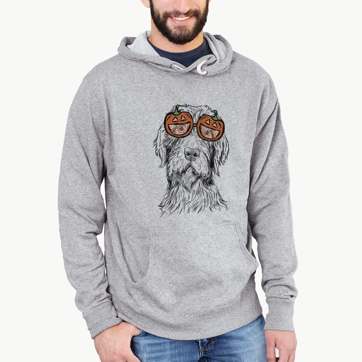 Hand-drawn sketch of Doc Holliday the Pudelpointer wearing pumpkin glasses on a Grey pumpkin collection