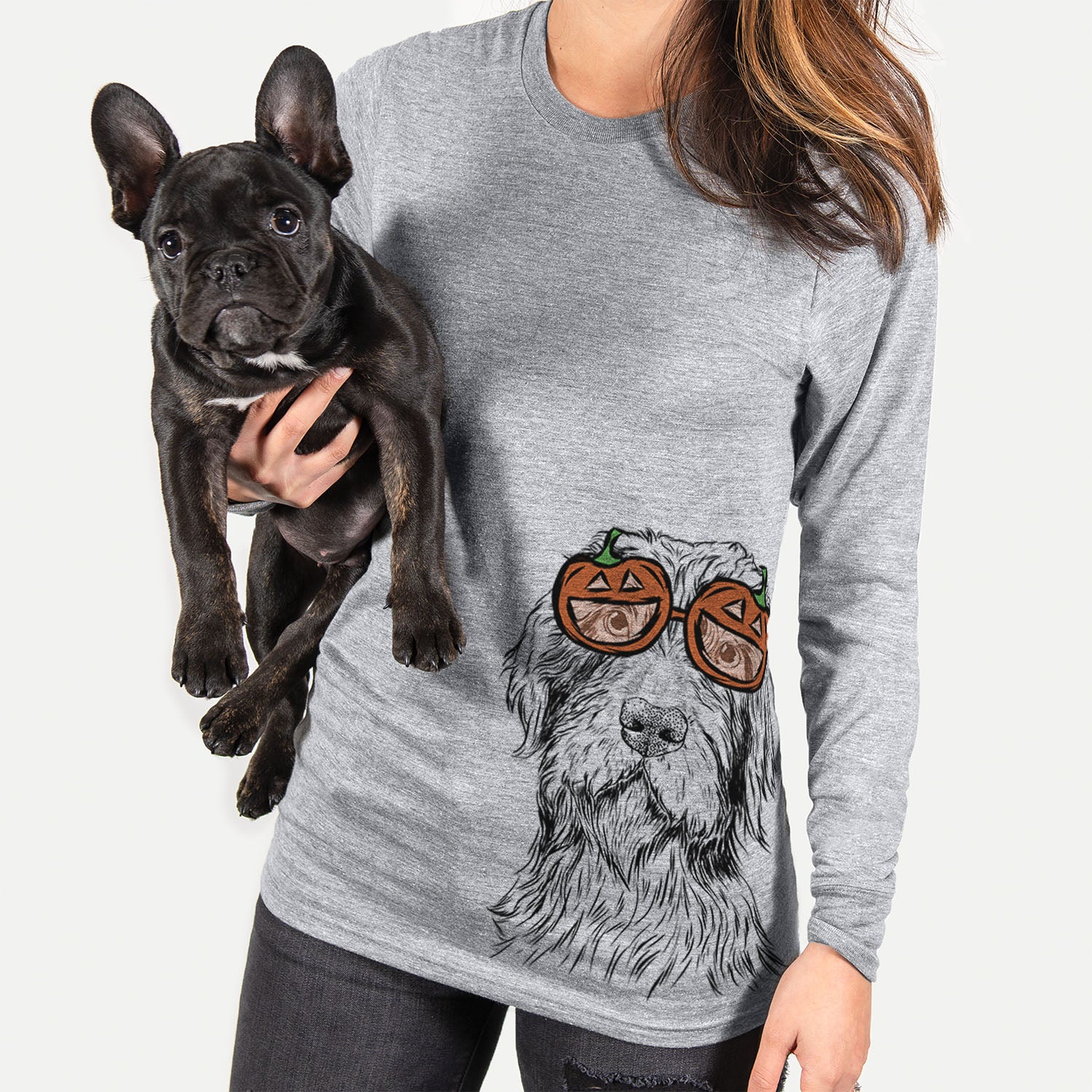 Hand-drawn sketch of Doc Holliday the Pudelpointer wearing pumpkin glasses on a Grey pumpkin collection