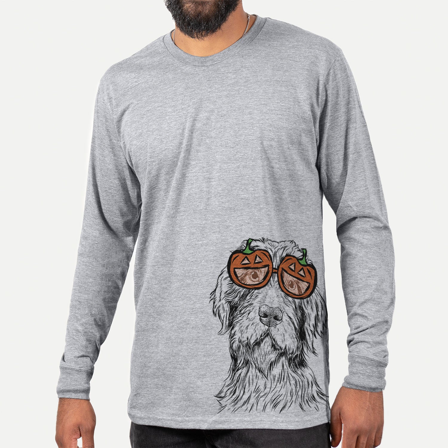 Hand-drawn sketch of Doc Holliday the Pudelpointer wearing pumpkin glasses on a Grey pumpkin collection, hanging on a wall