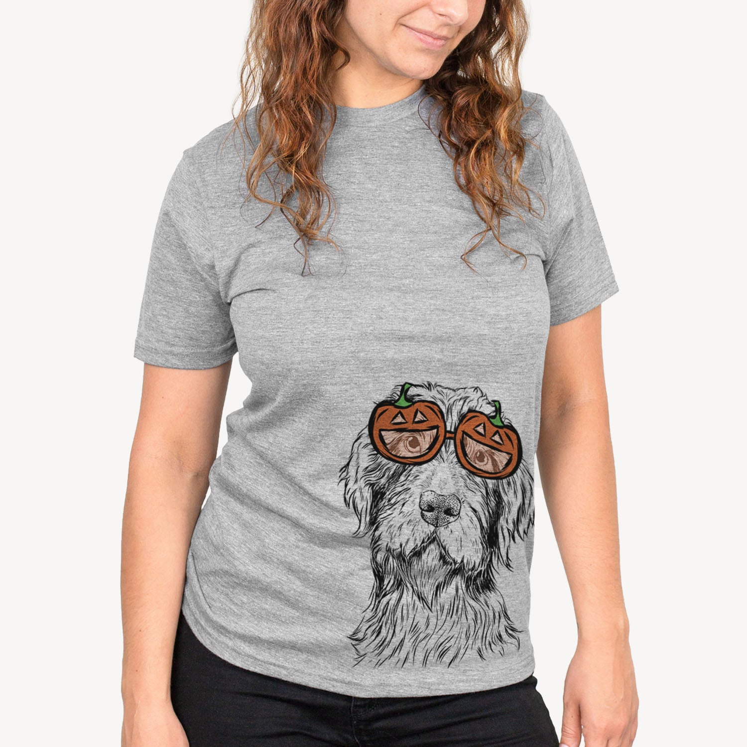 Hand-drawn sketch of Doc Holliday the Pudelpointer wearing pumpkin glasses on a Grey pumpkin collection, on a hanger