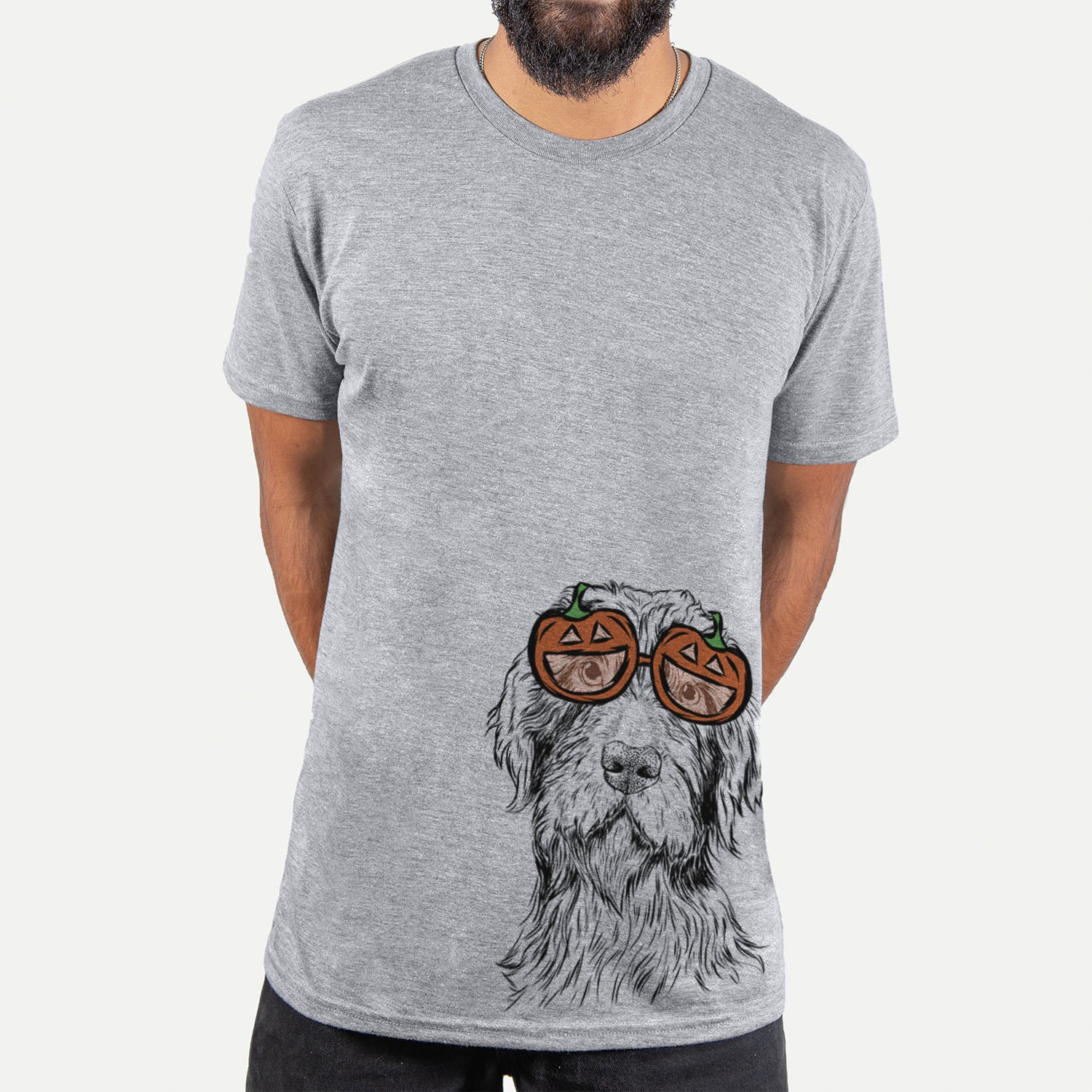 Hand-drawn sketch of Doc Holliday the Pudelpointer wearing pumpkin glasses on a Grey pumpkin collection, hanging on a wall