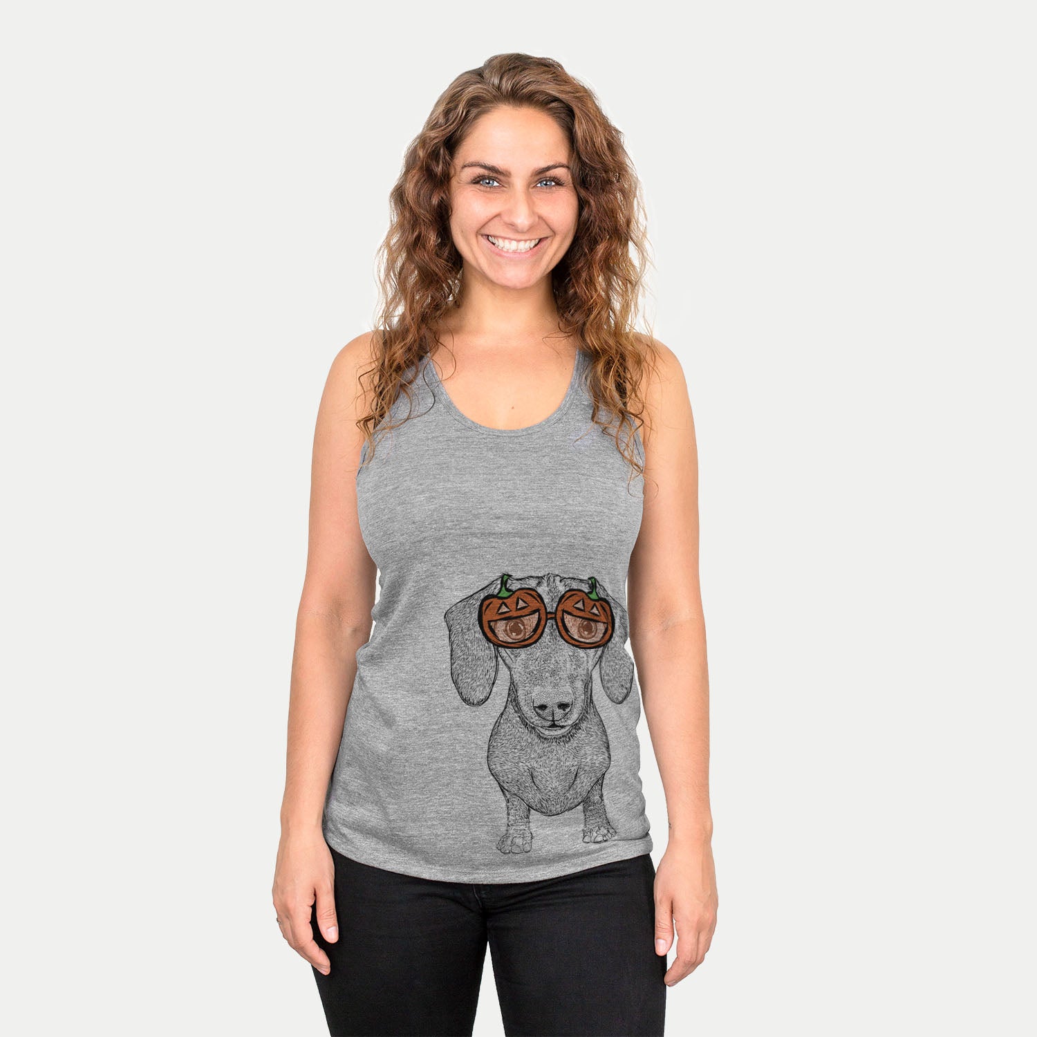 Hand-drawn sketch of Ernie the Mini Dachshund wearing pumpkin glasses on a Grey pumpkin collection