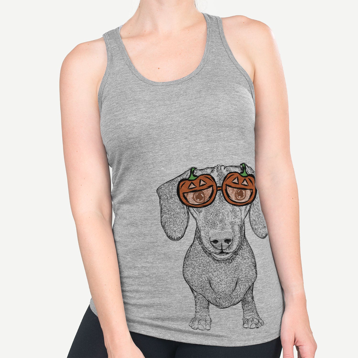 Hand-drawn sketch of Ernie the Mini Dachshund wearing pumpkin glasses on a Grey pumpkin collection