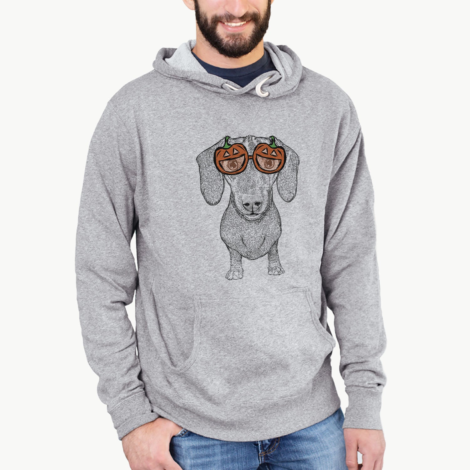 Hand-drawn sketch of Ernie the Mini Dachshund wearing pumpkin glasses on a Grey pumpkin collection