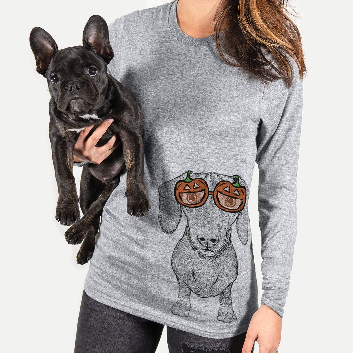 Hand-drawn sketch of Ernie the Mini Dachshund wearing pumpkin glasses on a Grey pumpkin collection