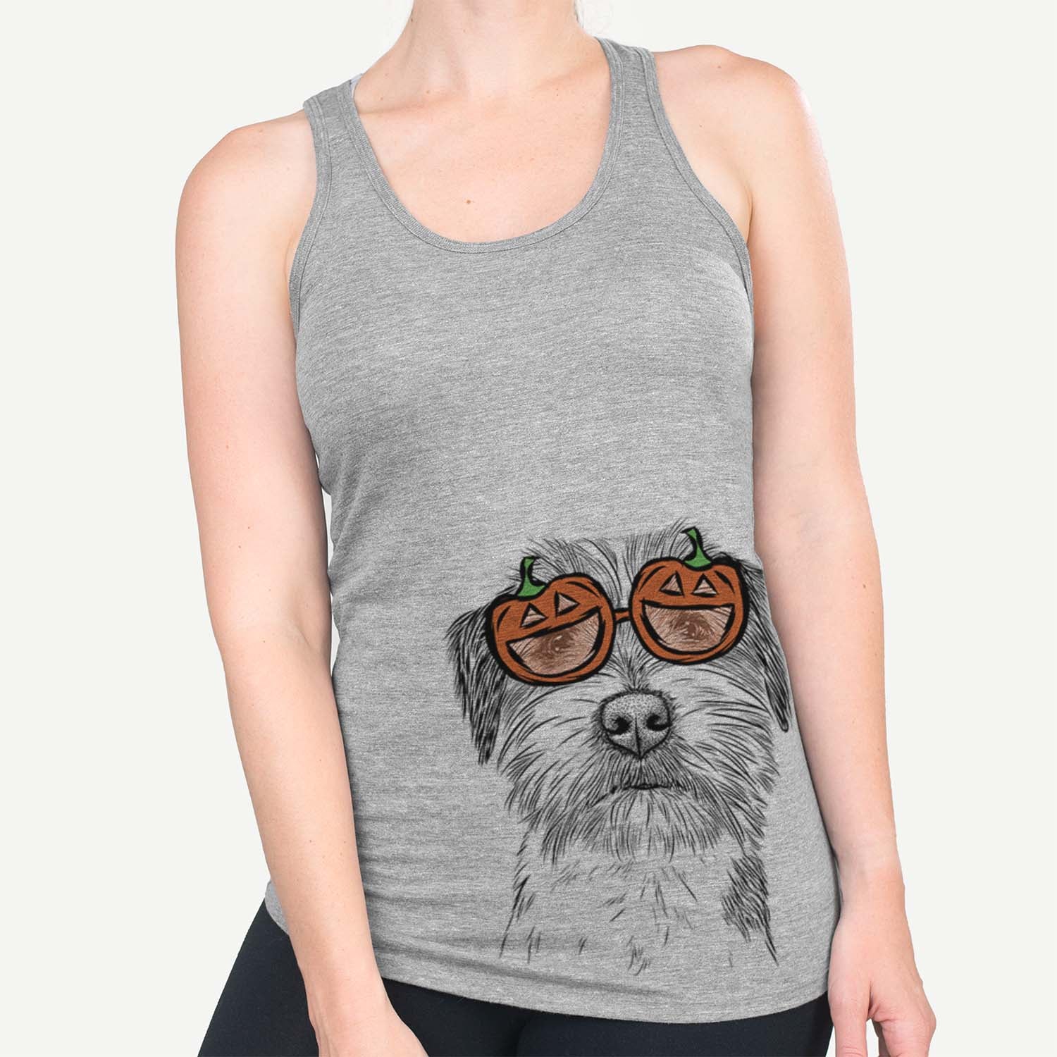 Hand-drawn sketch of Feis the Parson Russell Terrier wearing pumpkin glasses on a Grey pumpkin collection