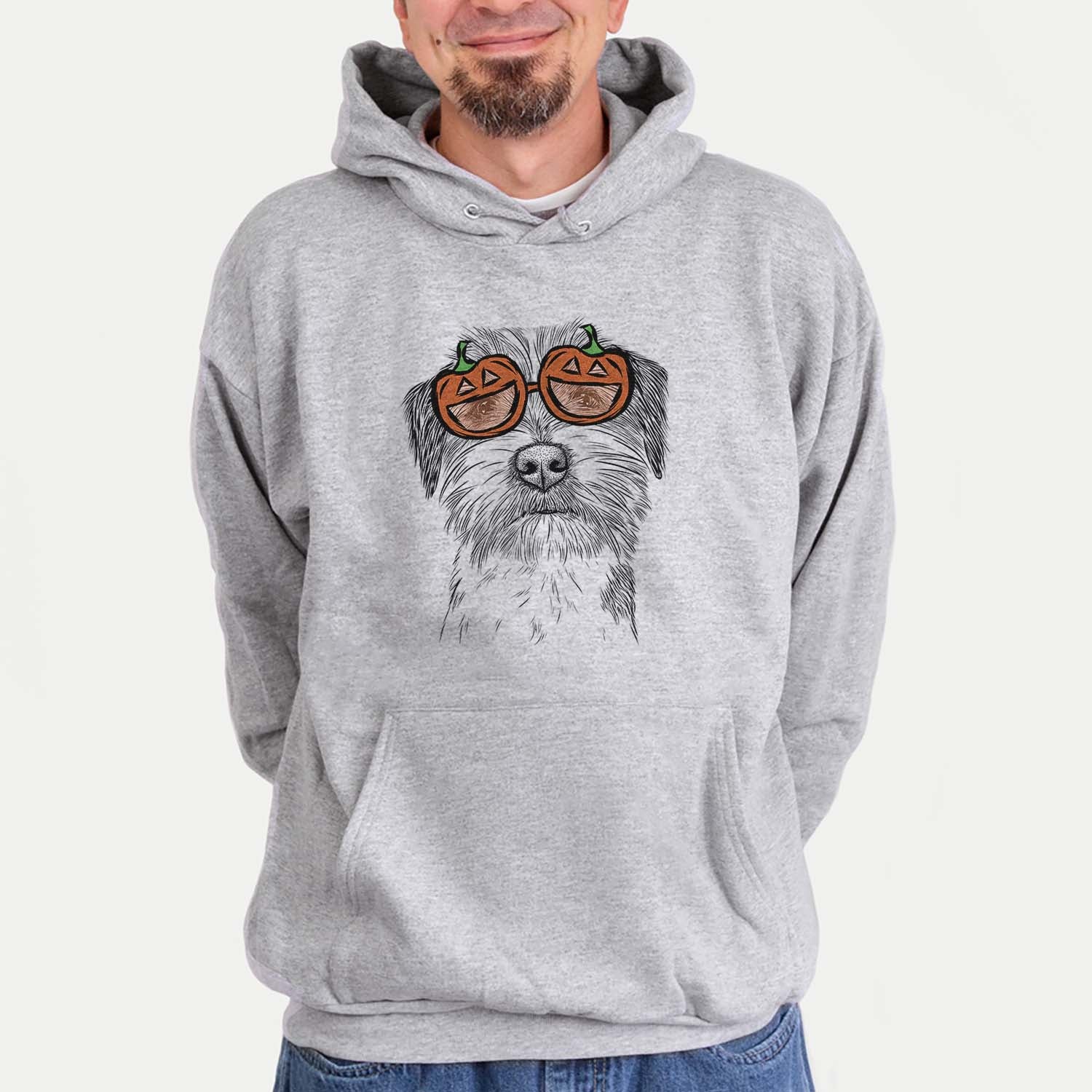 Hand-drawn sketch of Feis the Parson Russell Terrier wearing pumpkin glasses on a Grey pumpkin collection, hanging on a wall