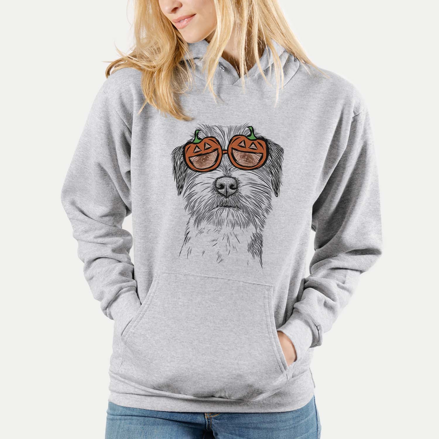 Hand-drawn sketch of Feis the Parson Russell Terrier wearing pumpkin glasses on a Grey pumpkin collection
