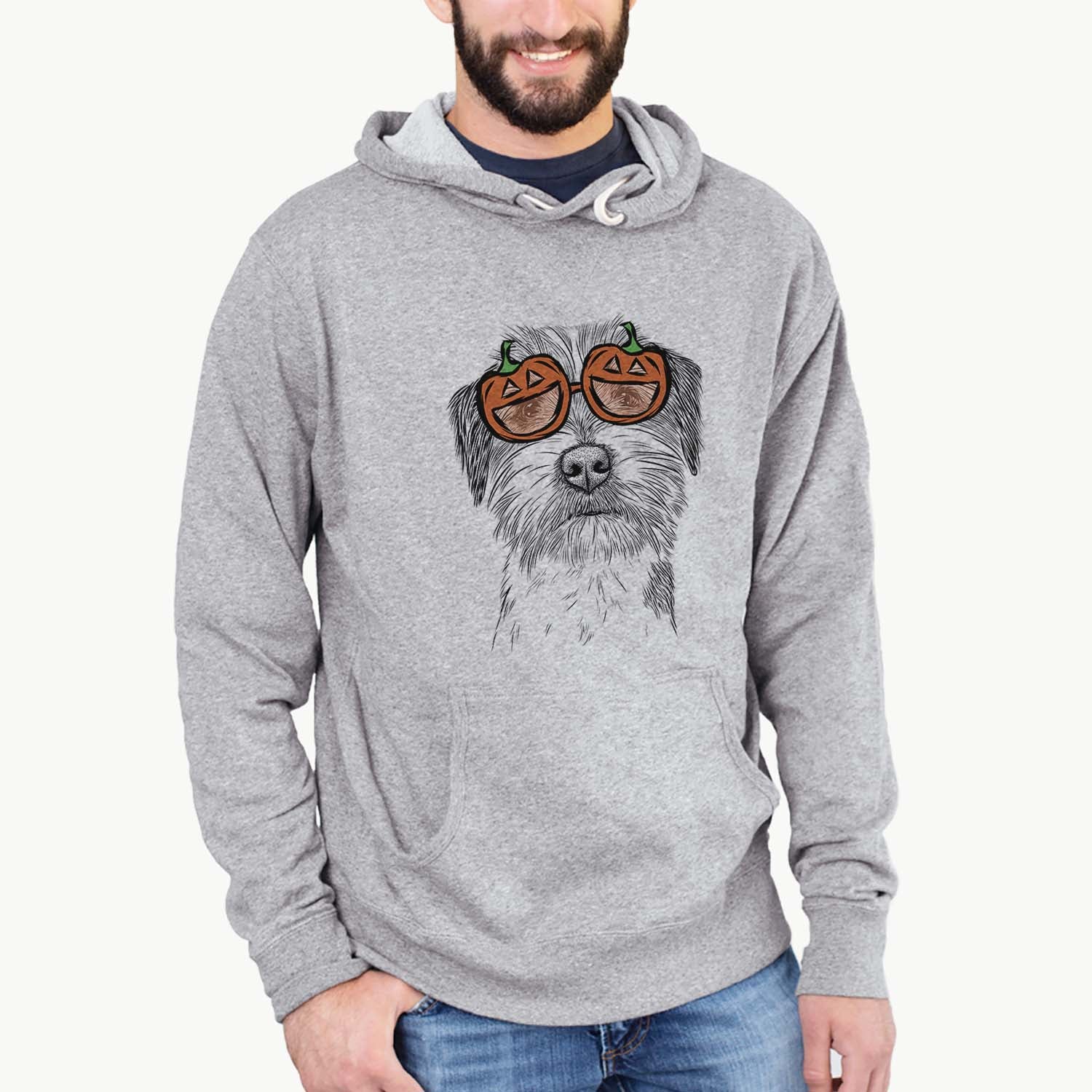 Hand-drawn sketch of Feis the Parson Russell Terrier wearing pumpkin glasses on a Grey pumpkin collection