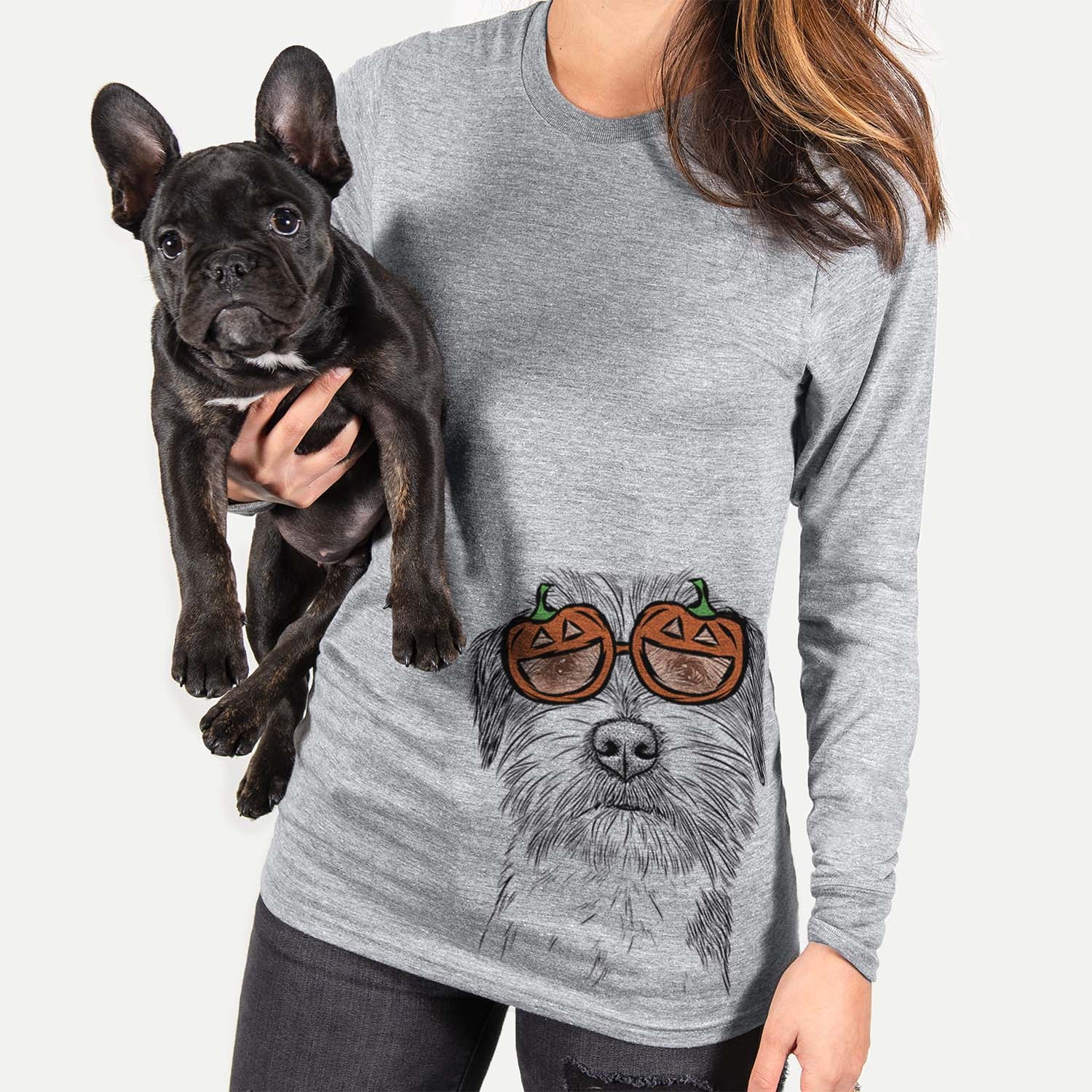 Hand-drawn sketch of Feis the Parson Russell Terrier wearing pumpkin glasses on a Grey pumpkin collection