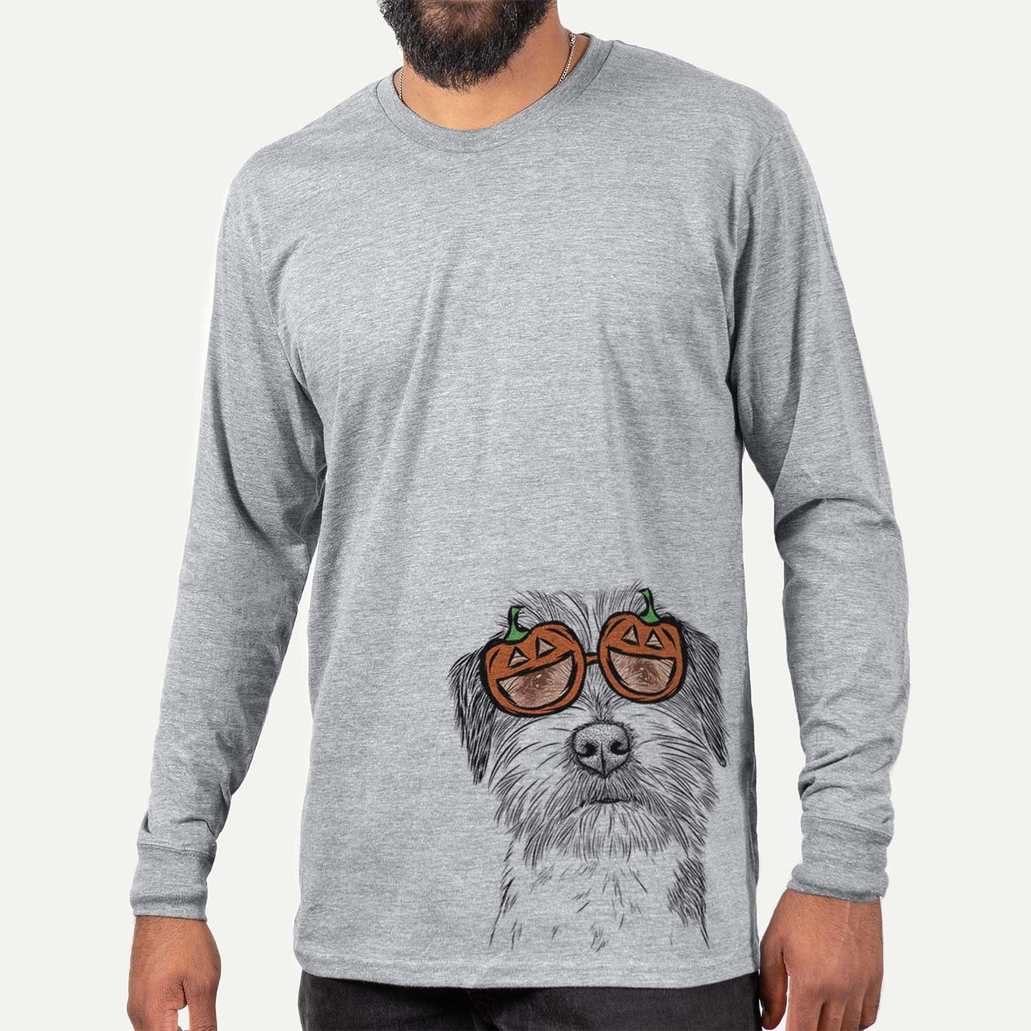 Hand-drawn sketch of Feis the Parson Russell Terrier wearing pumpkin glasses on a Grey pumpkin collection, hanging on a wall