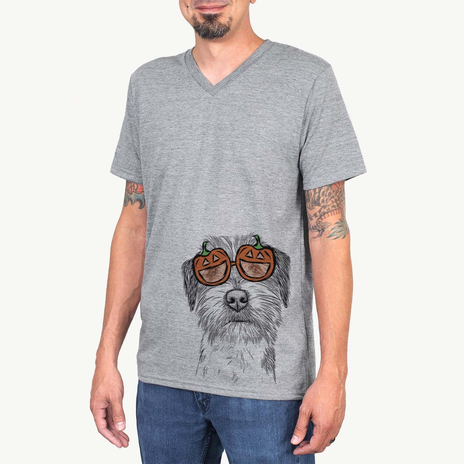 Hand-drawn sketch of Feis the Parson Russell Terrier wearing pumpkin glasses on a Grey pumpkin collection