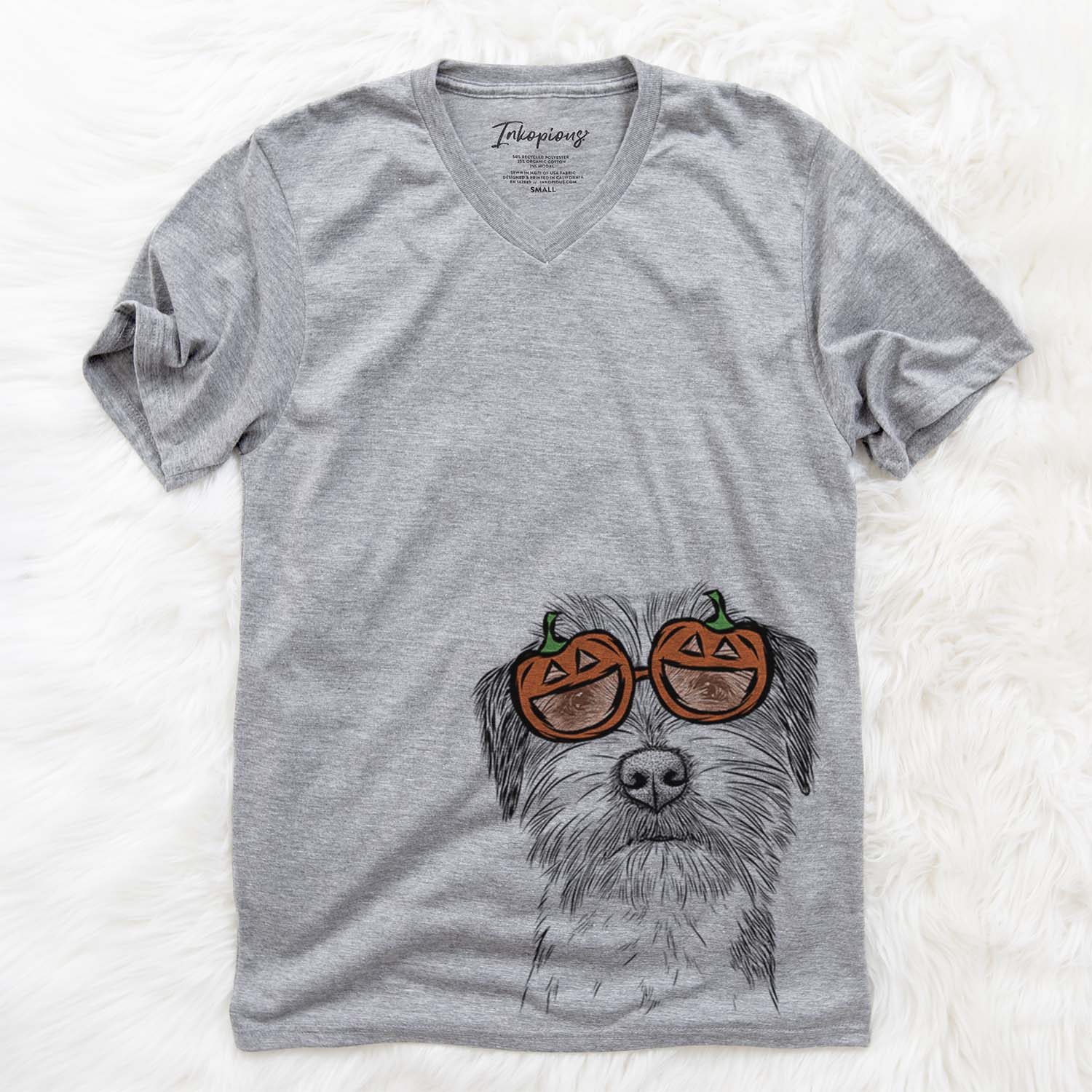 Hand-drawn sketch of Feis the Parson Russell Terrier wearing pumpkin glasses on a Grey pumpkin collection