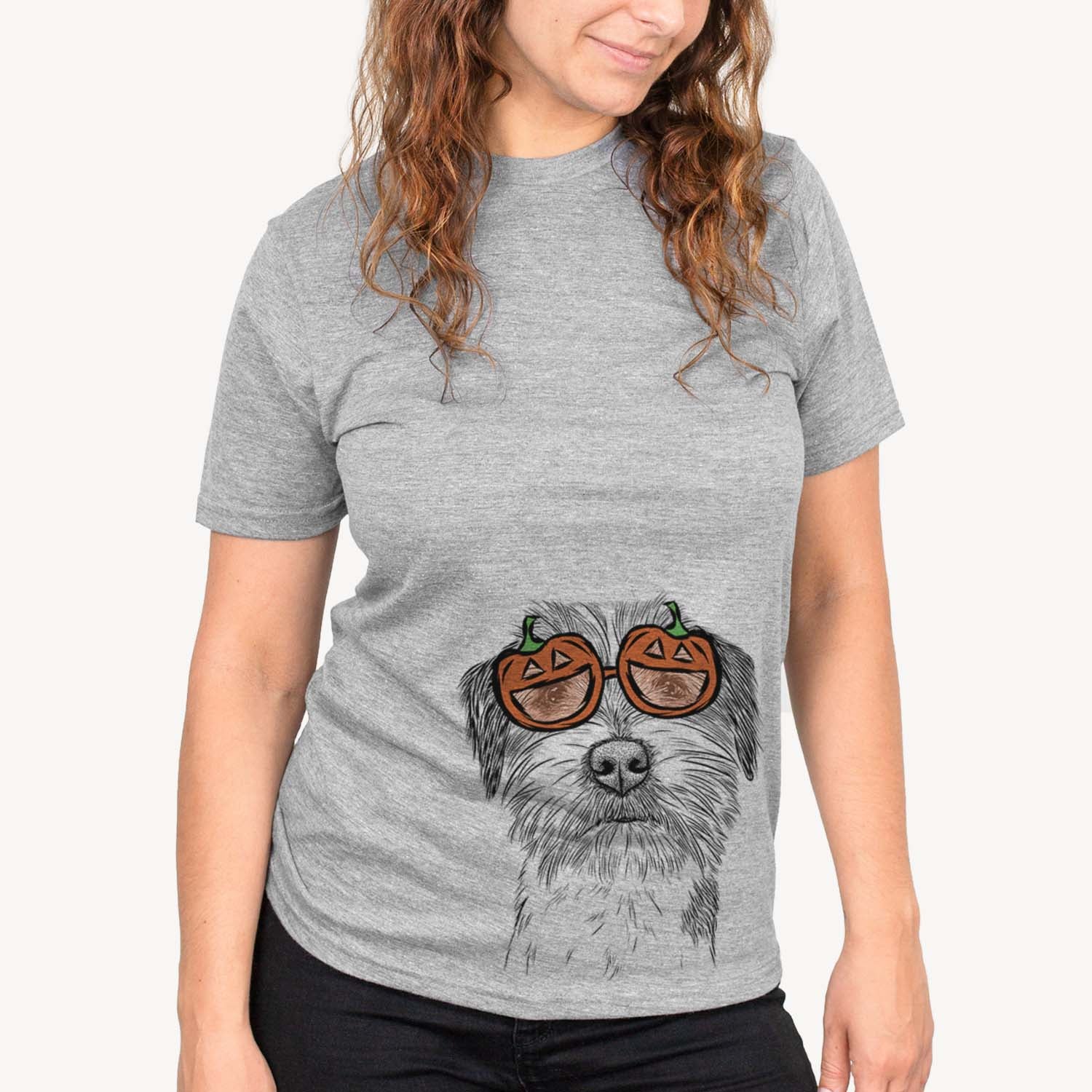Hand-drawn sketch of Feis the Parson Russell Terrier wearing pumpkin glasses on a Grey pumpkin collection, on a hanger