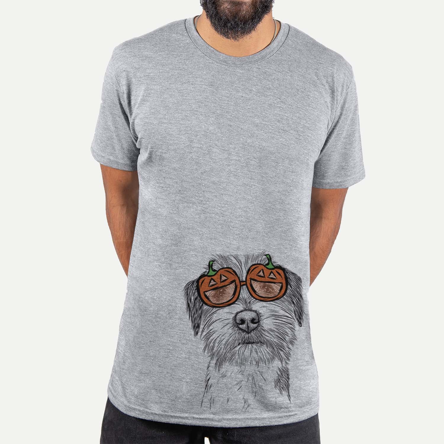 Hand-drawn sketch of Feis the Parson Russell Terrier wearing pumpkin glasses on a Grey pumpkin collection, hanging on a wall