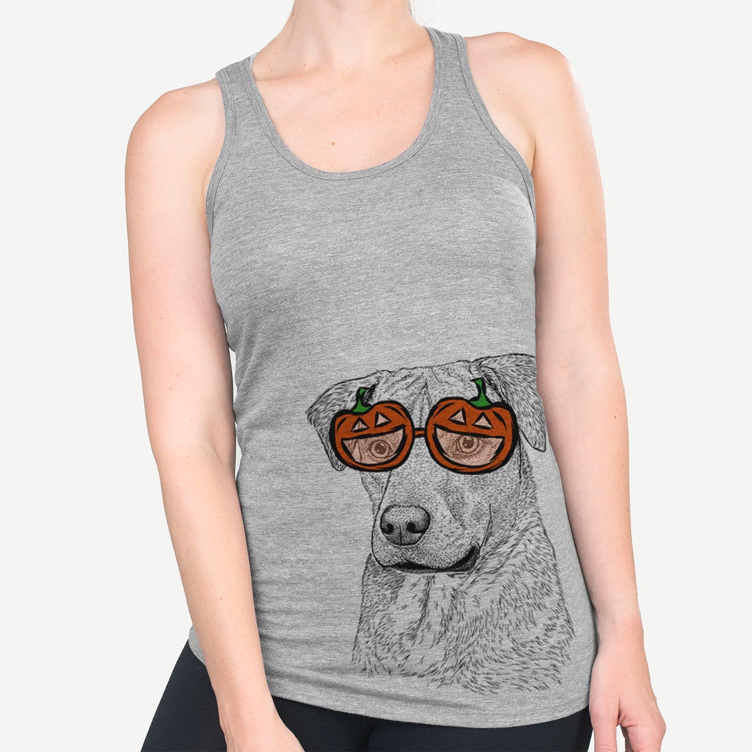 Hand-drawn sketch of Feta the Mixed Breed wearing pumpkin glasses on a Grey pumpkin collection