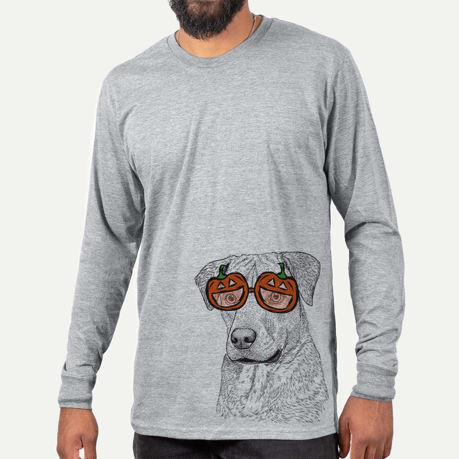 Hand-drawn sketch of Feta the Mixed Breed wearing pumpkin glasses on a Grey pumpkin collection, hanging on a wall