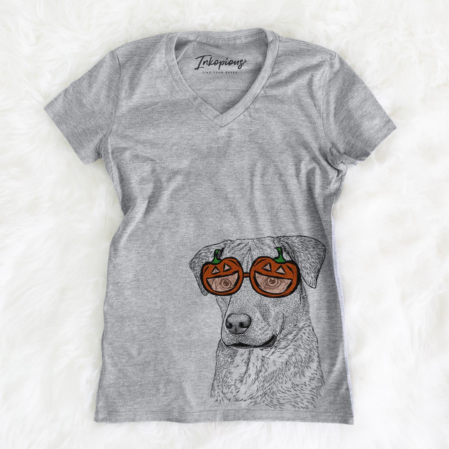 Hand-drawn sketch of Feta the Mixed Breed wearing pumpkin glasses on a Grey pumpkin collection, on a hanger