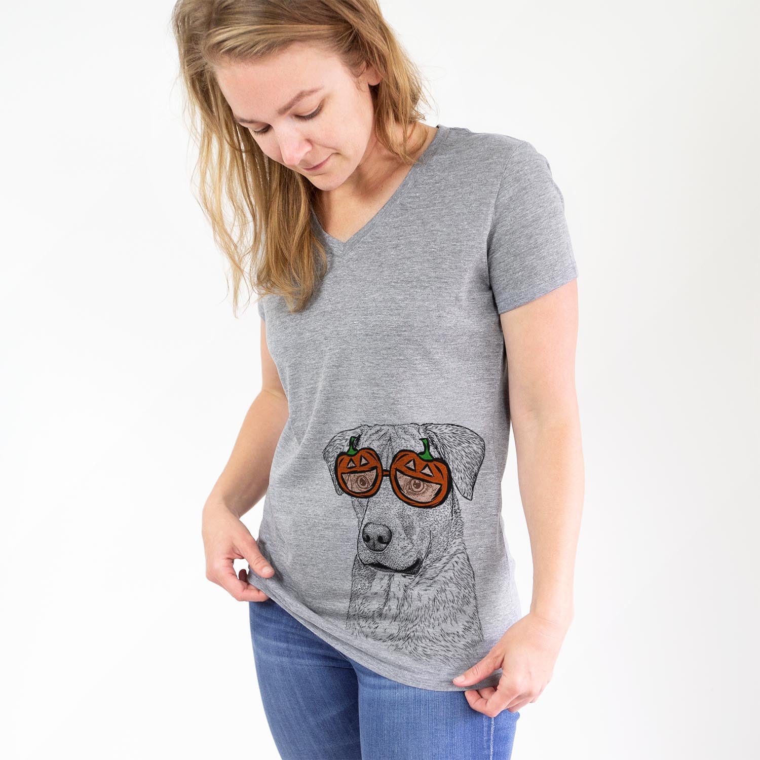 Hand-drawn sketch of Feta the Mixed Breed wearing pumpkin glasses on a Grey pumpkin collection