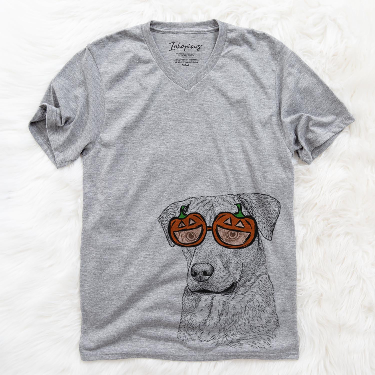 Hand-drawn sketch of Feta the Mixed Breed wearing pumpkin glasses on a Grey pumpkin collection