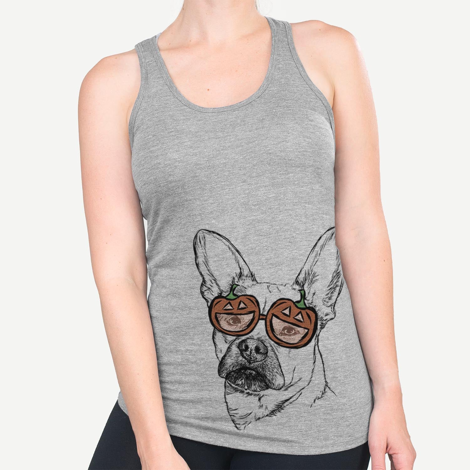 Hand-drawn sketch of Frankie the Mixed Breed wearing pumpkin glasses on a Grey pumpkin collection