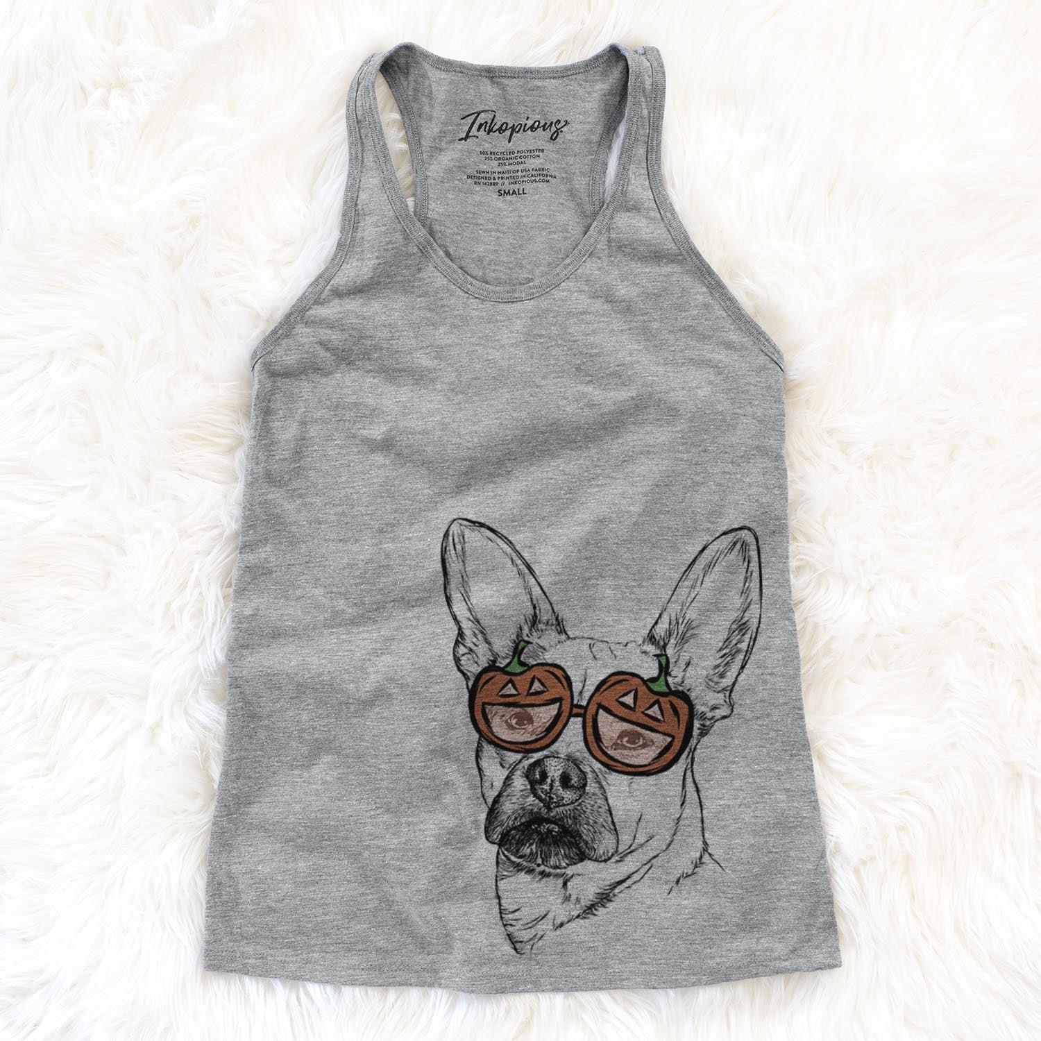 Hand-drawn sketch of Frankie the Mixed Breed wearing pumpkin glasses on a Grey pumpkin collection