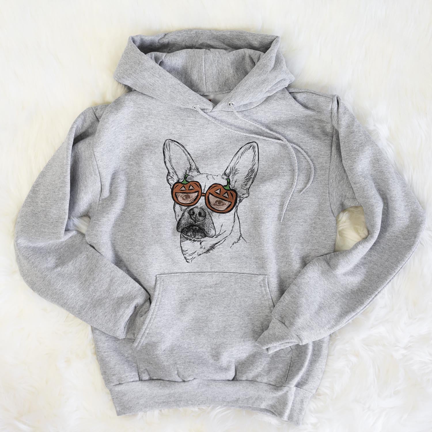 Hand-drawn sketch of Frankie the Mixed Breed wearing pumpkin glasses on a Grey pumpkin collection, flat lay