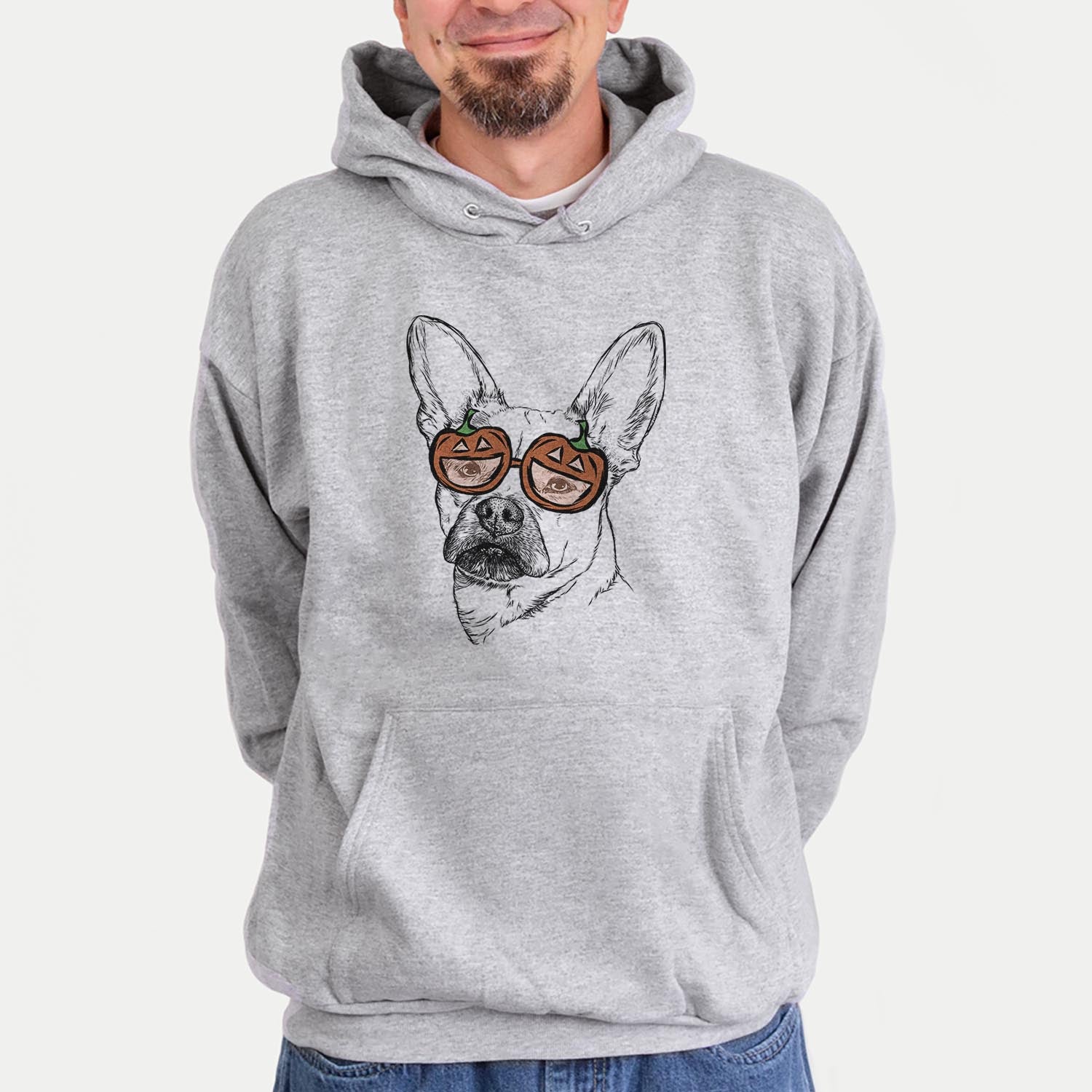 Hand-drawn sketch of Frankie the Mixed Breed wearing pumpkin glasses on a Grey pumpkin collection, hanging on a wall