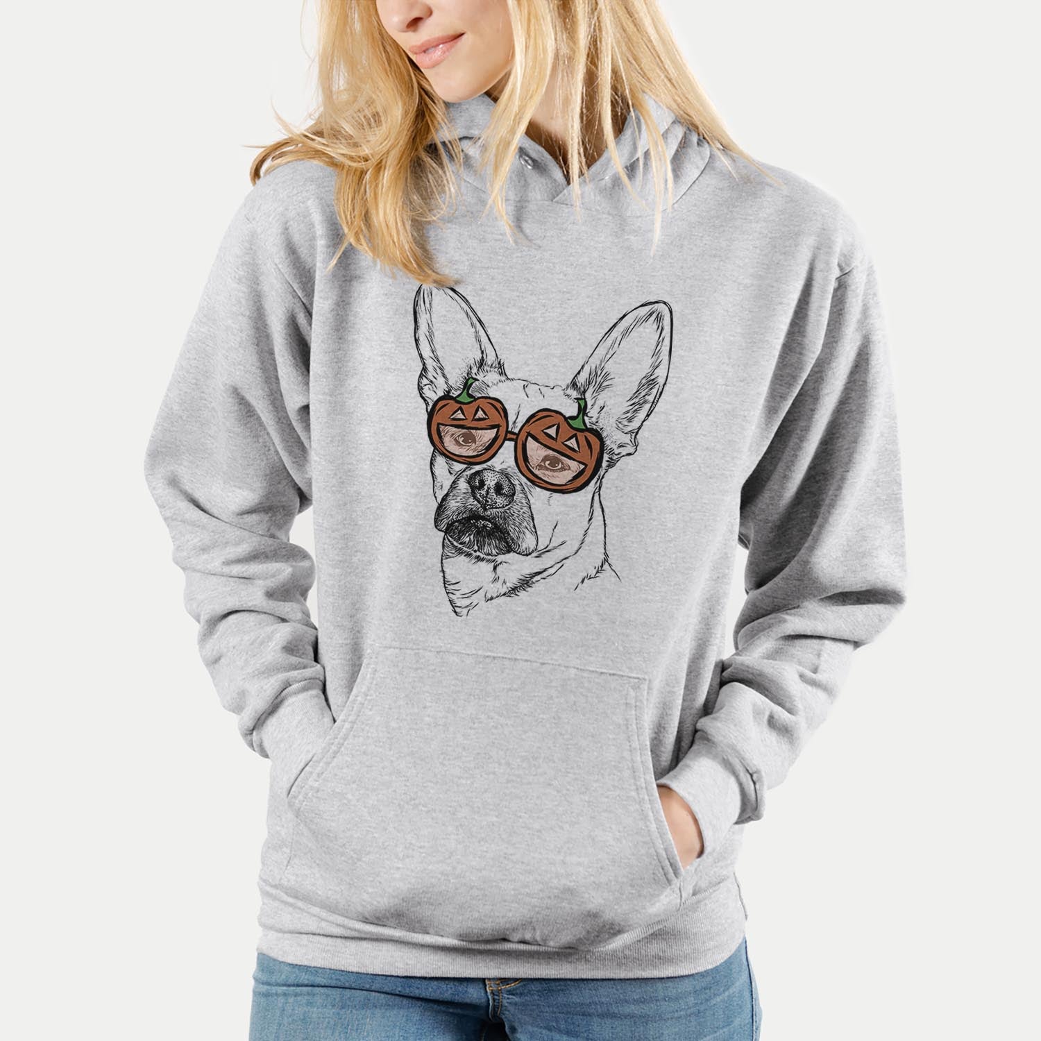 Hand-drawn sketch of Frankie the Mixed Breed wearing pumpkin glasses on a Grey pumpkin collection