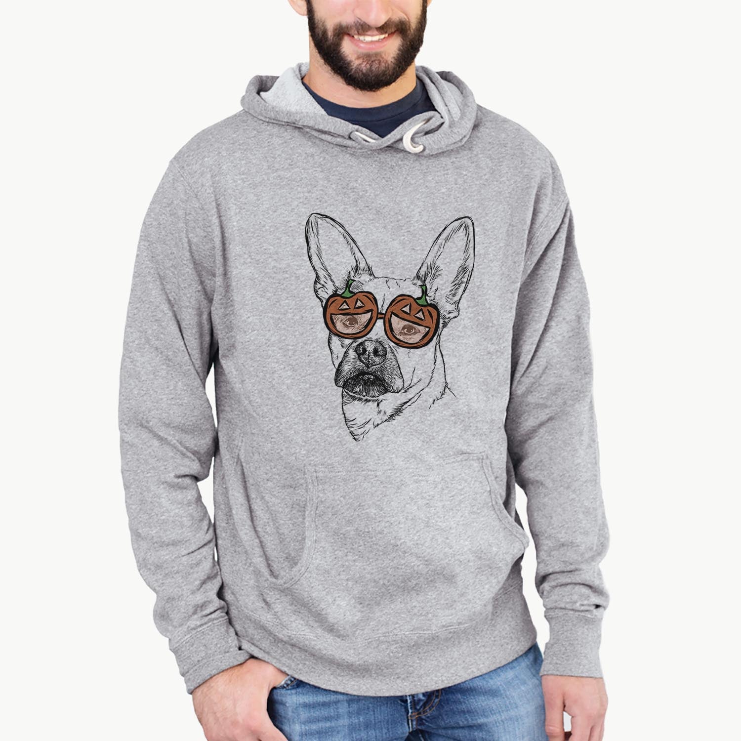 Hand-drawn sketch of Frankie the Mixed Breed wearing pumpkin glasses on a Grey pumpkin collection