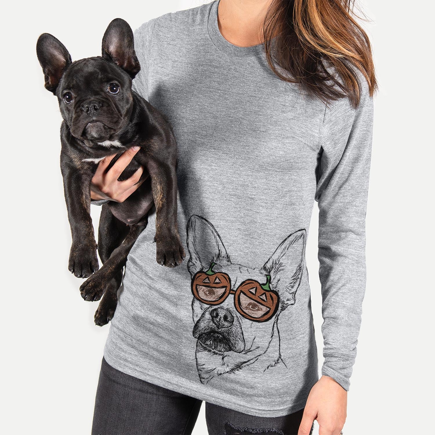 Hand-drawn sketch of Frankie the Mixed Breed wearing pumpkin glasses on a Grey pumpkin collection
