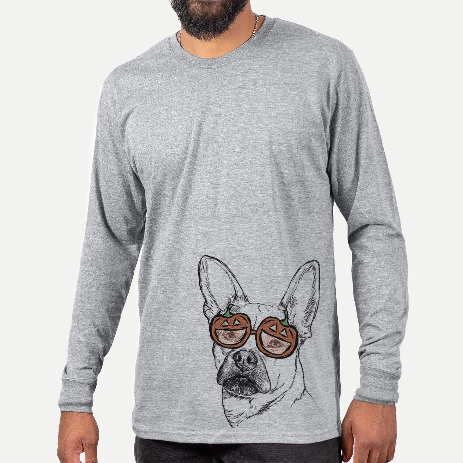 Hand-drawn sketch of Frankie the Mixed Breed wearing pumpkin glasses on a Grey pumpkin collection, hanging on a wall