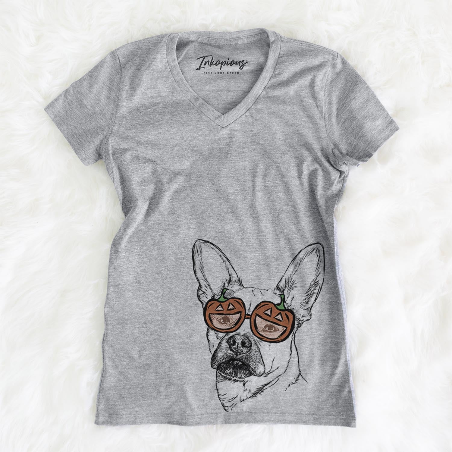 Hand-drawn sketch of Frankie the Mixed Breed wearing pumpkin glasses on a Grey pumpkin collection, on a hanger