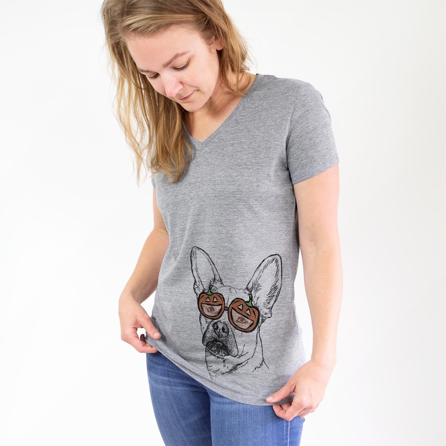 Hand-drawn sketch of Frankie the Mixed Breed wearing pumpkin glasses on a Grey pumpkin collection