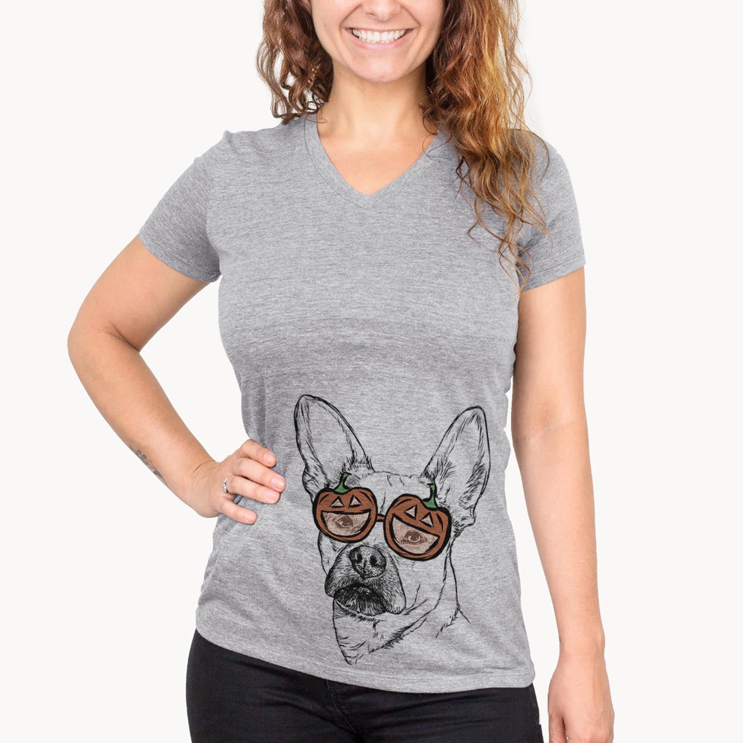 Hand-drawn sketch of Frankie the Mixed Breed wearing pumpkin glasses on a Grey pumpkin collection