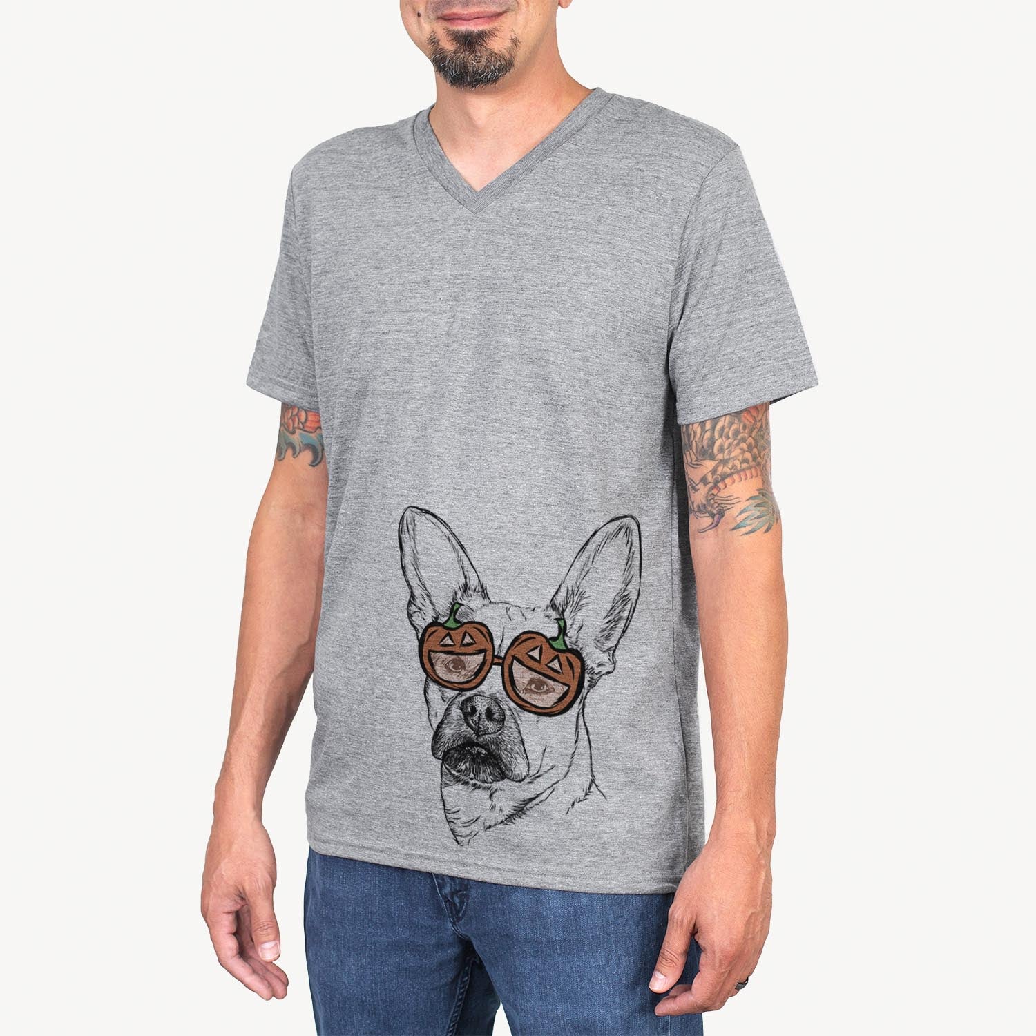 Hand-drawn sketch of Frankie the Mixed Breed wearing pumpkin glasses on a Grey pumpkin collection