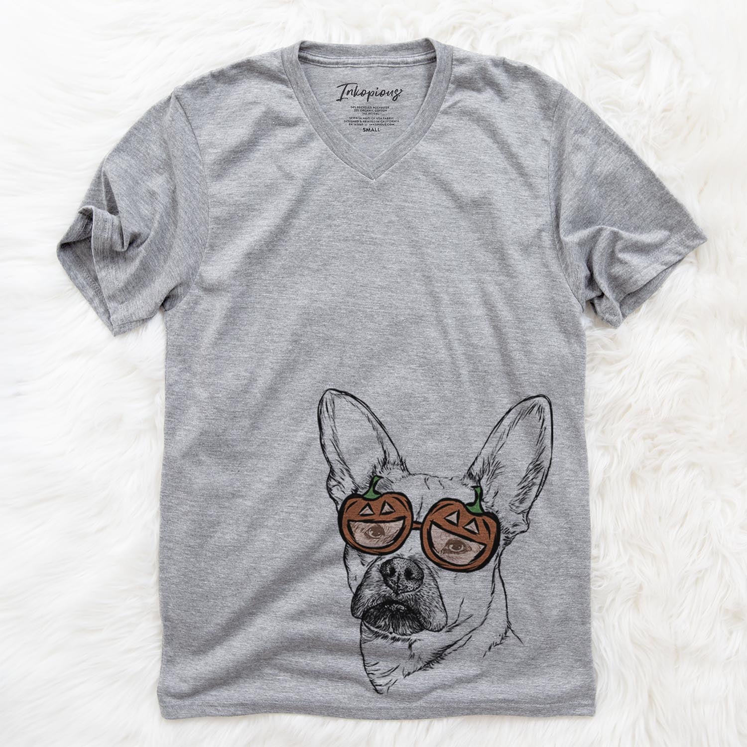 Hand-drawn sketch of Frankie the Mixed Breed wearing pumpkin glasses on a Grey pumpkin collection